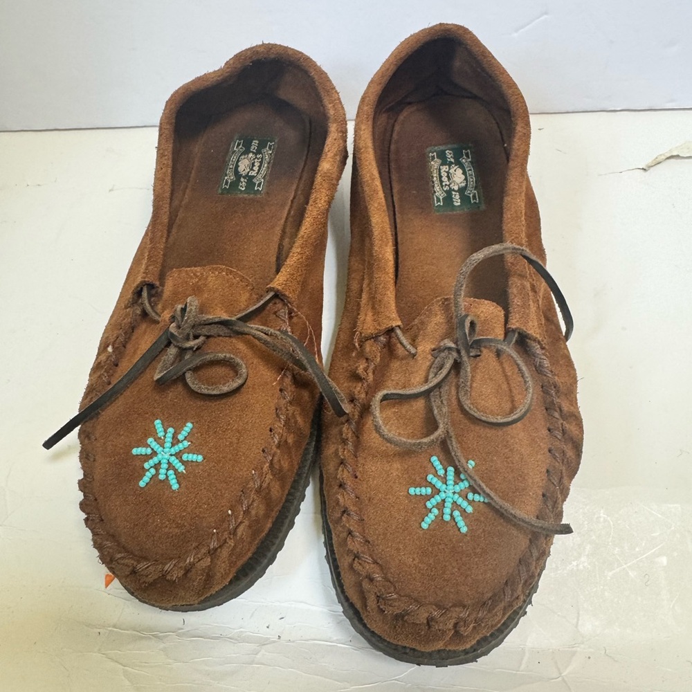 Roots Laurentian Chief Vintage Beaded Suede Leather Moccasin Shoe Lace Canada 10